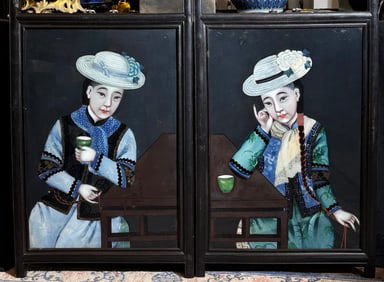 Lg Pr Chinese 19 C Glass Reverse Paintings Framed