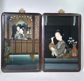 2 Complementary Chinese Glass Reverse Paintings
