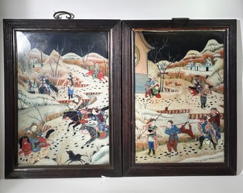Pr Chinese Glass Reverse Paintings Winter Hunting