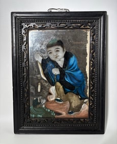 Chinese 19 C Glass Reverse Painting Liu Hai & Toad