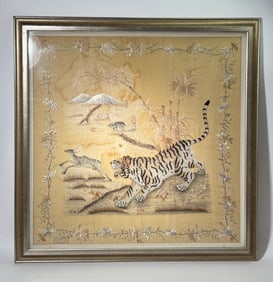 South East Asian Silk Embroidery Tiger & Farmers