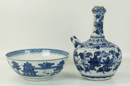 2 Chinese Blue & White Porcelains; Kendi & Bowl
