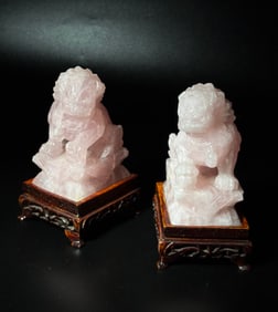 Opposing Pr Chinese Pink Quartz Fu Dogs & Stands