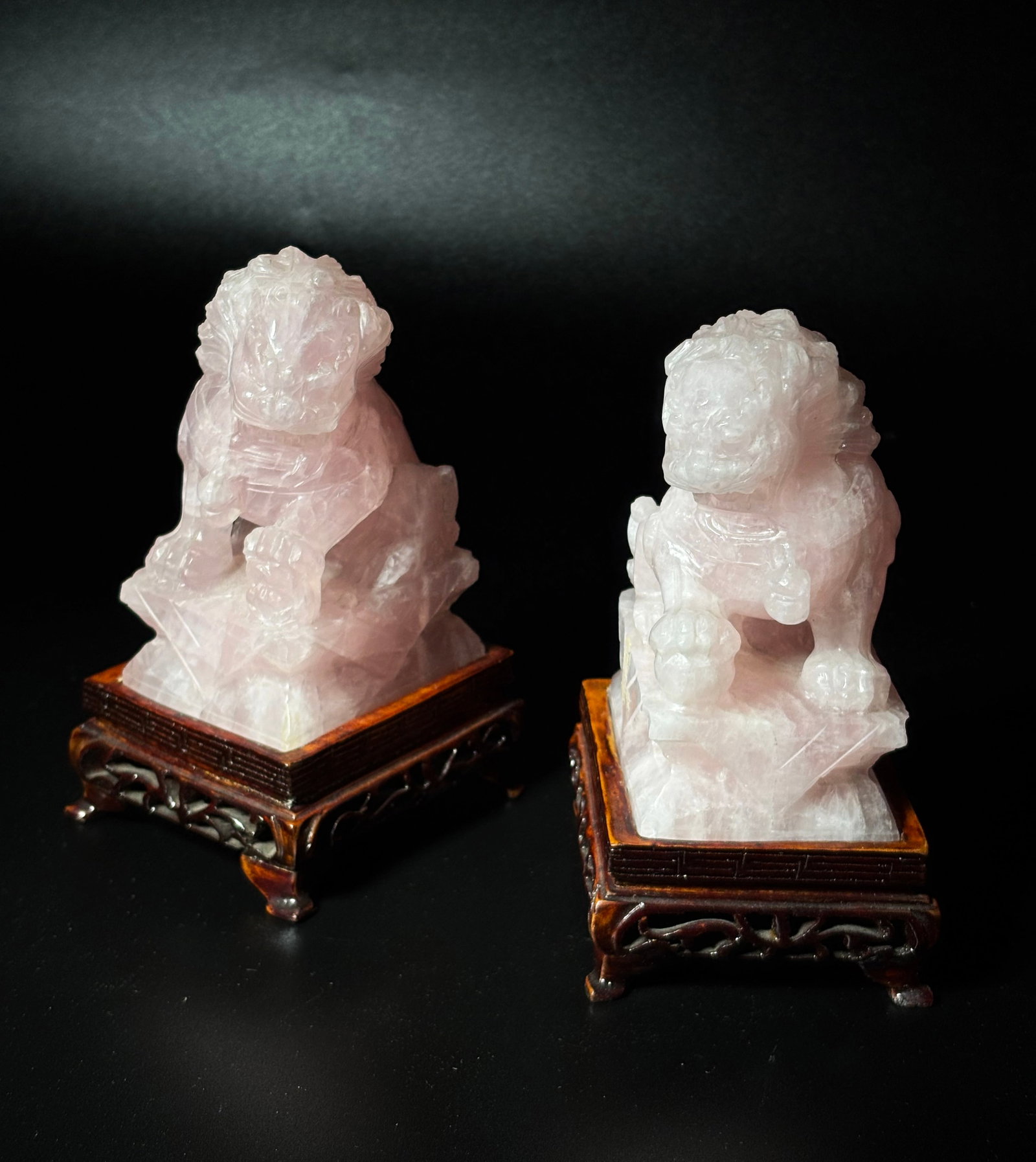 Opposing Pr Chinese Pink Quartz Fu Dogs & Stands (1 of 5)