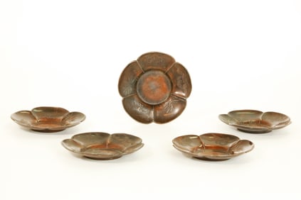 5 Japanese Pewter Teacup Plates Bronze Finish