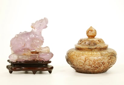 Chinese Carved Jade Lotus Jar; Amethyst Animal