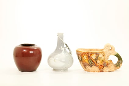 Japanese Artist Vase, Underglaze Red & Rhyton