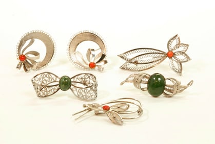 6 Vintage Chinese Silver Wire Pins w Coral Jade