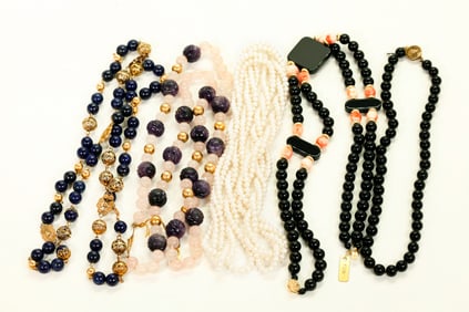 5 Bead Necklaces; Amethyst, Coral, Lapis, Pearl
