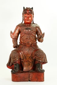 Lg Chinese 18 C Carved Wood Seated Guandi Guardian