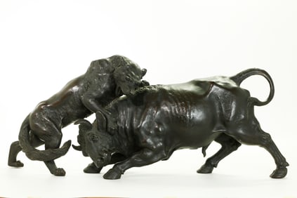 Lg Japanese Artist Cast Bronze Wolf Attacking Bull