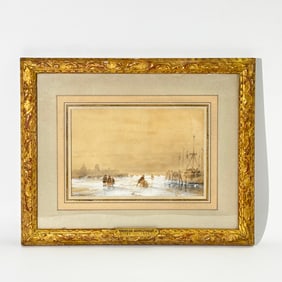 Andreas Schelfhout; Winter Port Seascape Drawing