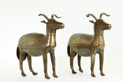 Pair Persian Safavid Type Gold Inlaid Iron Rams