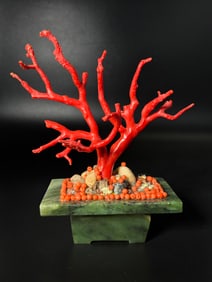 Lg Chinese Polished Coral Tree Branch Jade Planter