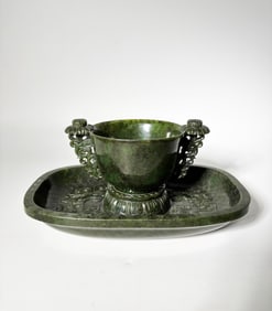 Fine Chinese 19th C Dark Green Jade Cup & Stand