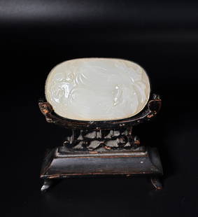 Fine Chinese 18th C White Jade Gourd Plaque: Fine Chinese 18th C White Jade Plaque well carved and polished with Gourds, Leaves, Vines and a Butterfly; now mounted with a silver edge and back, the back incised with Lotus, Bugs & Clouds; with woo