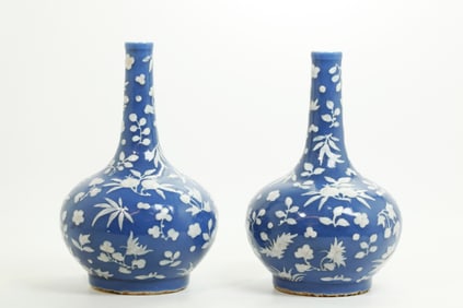 Pr Chinese 19C Blue & White Slip Porcelain Vases