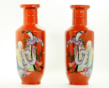 Chinese Pr Magu Shouxing Coral Porcelain Vases
