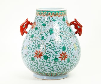 Chinese Pale Blue & Enameled Porcelain Hu Vase