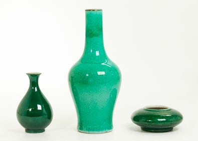 3 Chinese Green Crackle Porcelain Vases & Washer