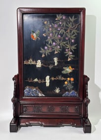 Chinese Jade & Stone Lacquer Table Screen & Stand
