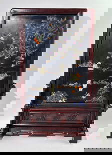 Chinese Jade & Stone Lacquer Table Screen & Stand: Chinese black Lacquer panel with antique Jade & Stone inlay including three 18th Century white jade Boys and with hard stone & amber forming Butterflies, Flowers, amethyst peach Branches and with carv