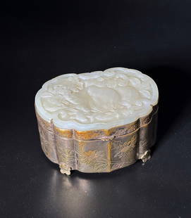 Chinese 19th C Ruyi Head White Jade Plaque & Box: Chinese 19th Century Ruyi Head White Jade Plaque carved with Peaches on a Stem with 2 Bats now mounted as a hinged cover to a silvered, incised bronze Box, the inside of cover fitted with a Ruyi Head