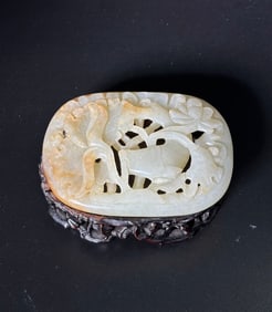 Chinese 19th C Warm White Jade Fish Lotus Plaque