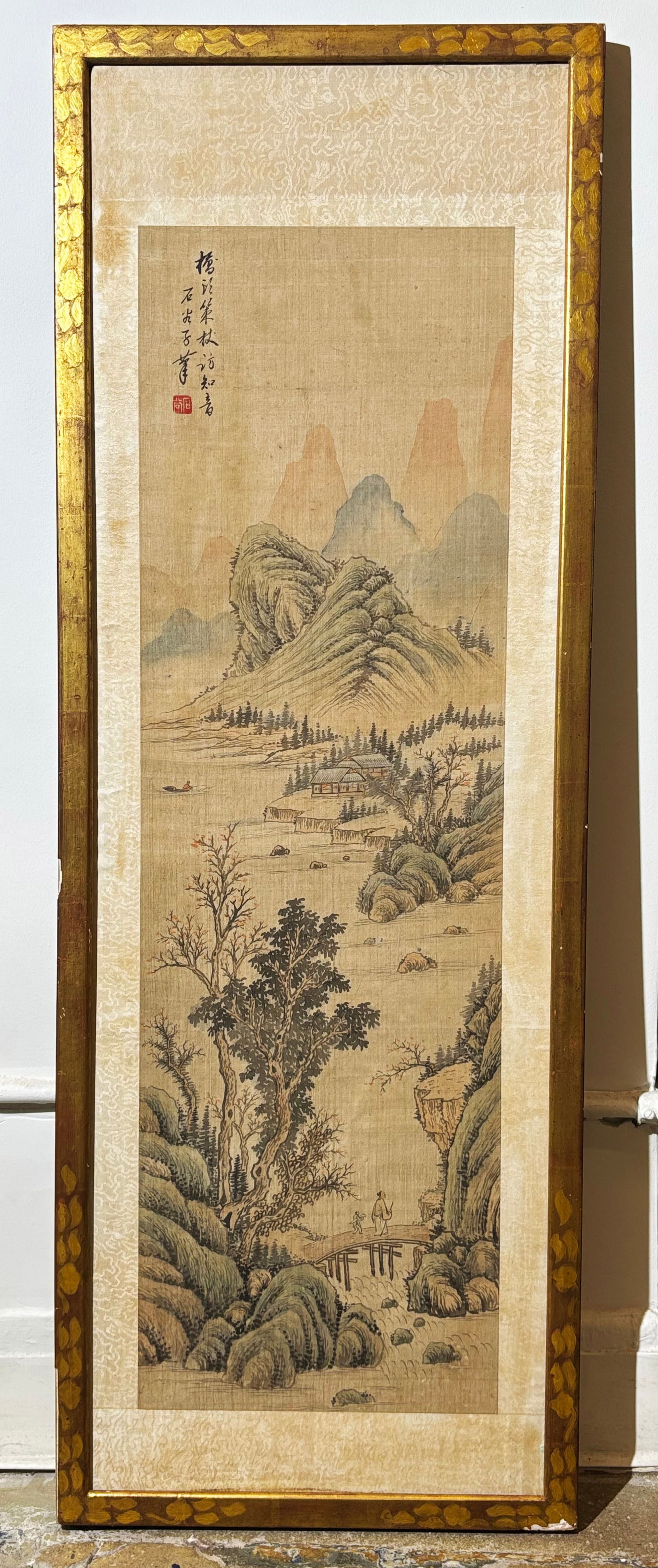 Chinese Classical Ink Landscape Painting on Silk: Chinese Classical Ink & Color Mountain Landscape Painting on Silk with Scholar & assistant with guqin crossing a Bridge in foreground, ink calligraphy to upper right corner with small red seal; with s
