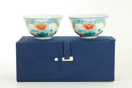 Pr Chinese Doucai Enameled Porcelain Small Cups