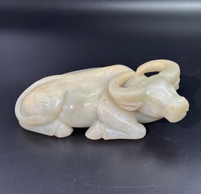 Chinese Carved & Polished Warm White Jade Buffalo
