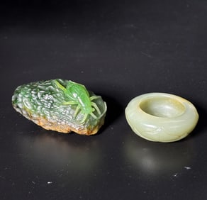 Chinese Celadon Jade Brush Washer; Hard Stone Bug
