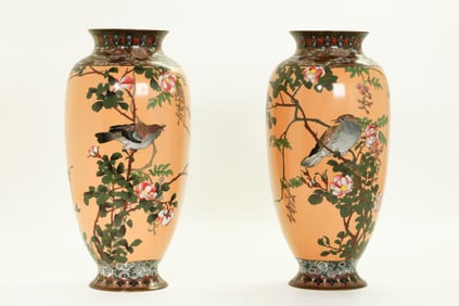 Pr Japanese Cloisonne Vases on Apricot Ground