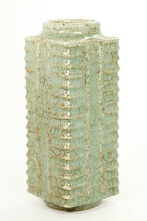 Chinese Late Qing Cong Shape Crackle Celadon Vase: Chinese Late Qing Dynasty Cong Shaped Crackle Celadon Glazed Porcelain Vase with light, even kiln grit in the glaze. Height 8 3/4 inches (22.1 cm.). Provenance: From a Canadian Private Collection, 196