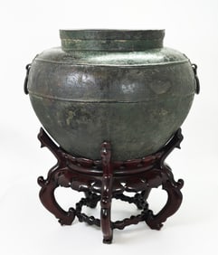 Lg Chinese Han Dynasty Bronze Taotie Handle Urn