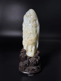 Fine Chinese 19th C Vertical Jade Mountain & Stand