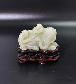Fine Chinese 19 C White Jade Boys Washing Elephant