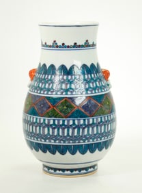 Chinese Geometric Doucai Enamel Porcelain Hu Vase
