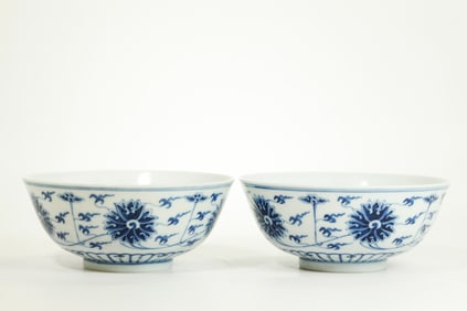 Pair Chinese 19th Cen Blue & White Lotus Bowls