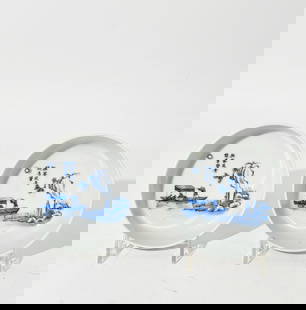 Chinese 19 C Bleu-de-Hue Nei Fu Blue & White Bowls: Chinese 19th Century Bleu de Hue Blue & White Bowls made for the Vietnamese Royal Family "Nei Fu" (Inner Court) mark to base; the design with a Boat full of Scholars viewing a Famous Rock. Diameter 4