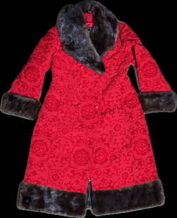 Vintage Daw-Son Hong Kong Lady's Silk & Fur Coat: Vintage circa 1970's Custom Lady's double breasted Coat with belt, the red satin lining labeled "Daw-Son / Tailor / Hong Kong", the outside in red silk velvet on corded silk weave and trimmed in Fur.