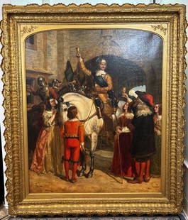 British 19C Painting Roundheads Toast Parliament: Large British 19th Century Historical Painting on canvas on stretcher illustrating a scene from the 17th Century English Civil War, 'Roundhead on Horseback & Townsfolk Toast Parliament'; in a period,