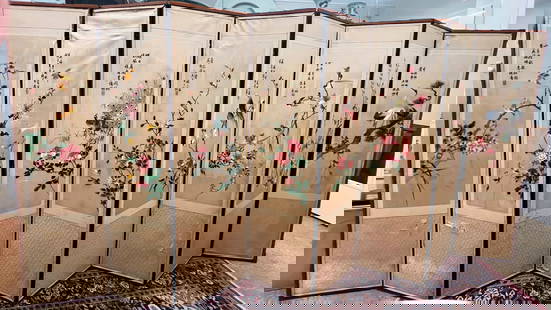 8 Panel Chinese Silk Embroidery Bird Screen: 8 Panel Chinese Silk Embroidery of Exotic Birds, Flowers & Calligraphy with embroidered red seals, all on cream satin; formed into a Screen with the embroideries mounted to silk covered paper borders