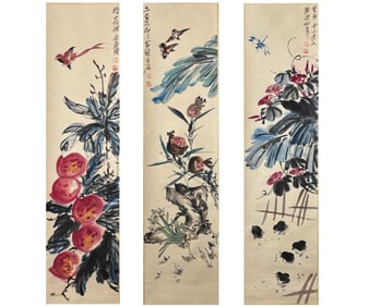 3 Chinese Scroll Paintings; Flowers & Fruit