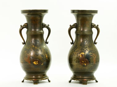 Lg Pair Japanese Mixed Metal on Bronze Vases