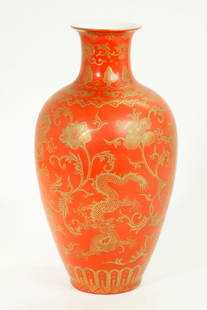 Fine Chinese Coral & Gold Porcelain Dragon Vase: Fine Chinese Coral & Gold over clear glazed Porcelain Dragon Vase with 1 forward facing 5-claw Dragon to front and 4 around the sides with scrolling flowers all between embroidery borders in gold over