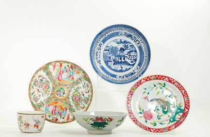 5 Chinese Porcelains 1 Cricket Box 1 Bowl 3 Plates
