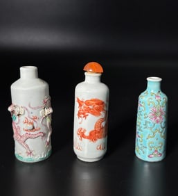 3 Chinese Enameled Porcelain Tube Snuff Bottles
