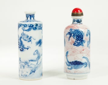 2 Chinese Blue & Red Porcelain Tube Snuff Bottles