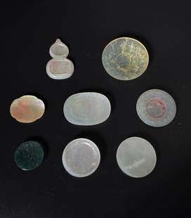 6 Rare Chinese Jade Snuff Trays 1 Agate 1 Shell: 6 Rare Chinese White Jade Snuff Trays including a white round tray with 4 character Qianlong mark carved to inside foot ring, an oval and a double gourd with 2 hollowed out recesses possibly originall